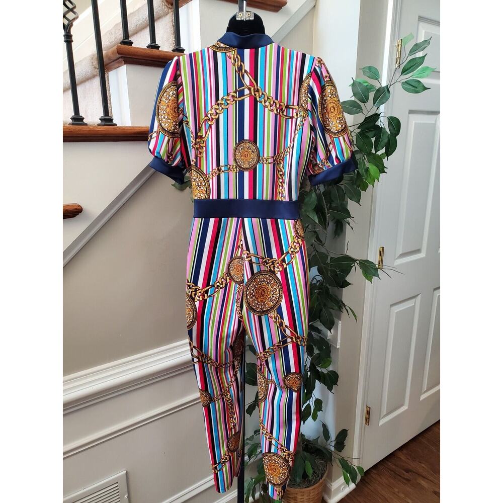 Good Time Womens Multicolor Striped Medallion Short Sleeve Casual Jumpsuit Large - Picture 6 of 11
